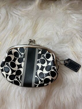 Coach Black & White Signature Kiss Lock Coin Purse